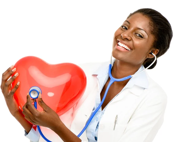 Happy African American trusted Nurse holding Red heart — Stock Photo, Image