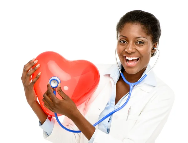 Happy African American trusted Nurse holding Red heart — Stock Photo, Image