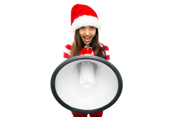 Sexy Fashion Model in red shouting on megaphone wearing Christma — Stock Photo, Image