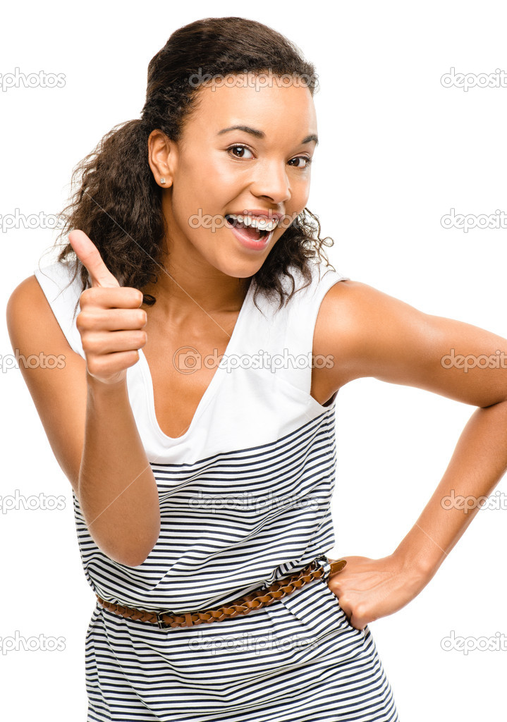 Beautiful mixed race Woman smiling thumbs up isolated on white b