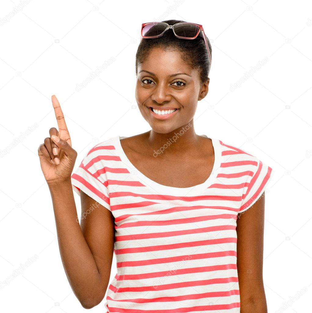 Happy African American business woman thinking of idea isolated