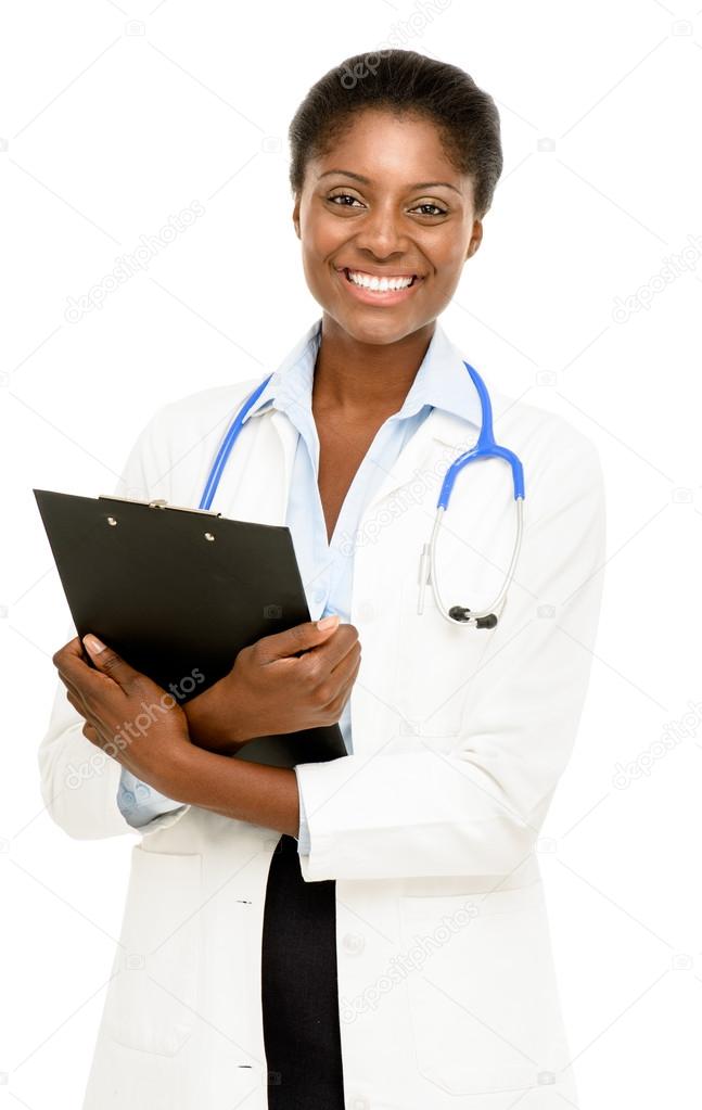 Portrait confident African American female doctor white background