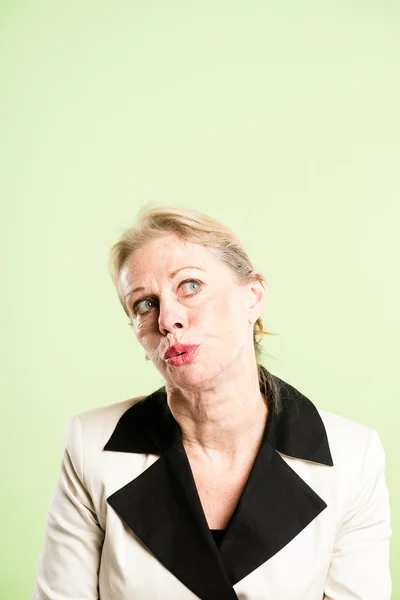 Funny woman portrait real high definition green backgroun — Stock Photo, Image