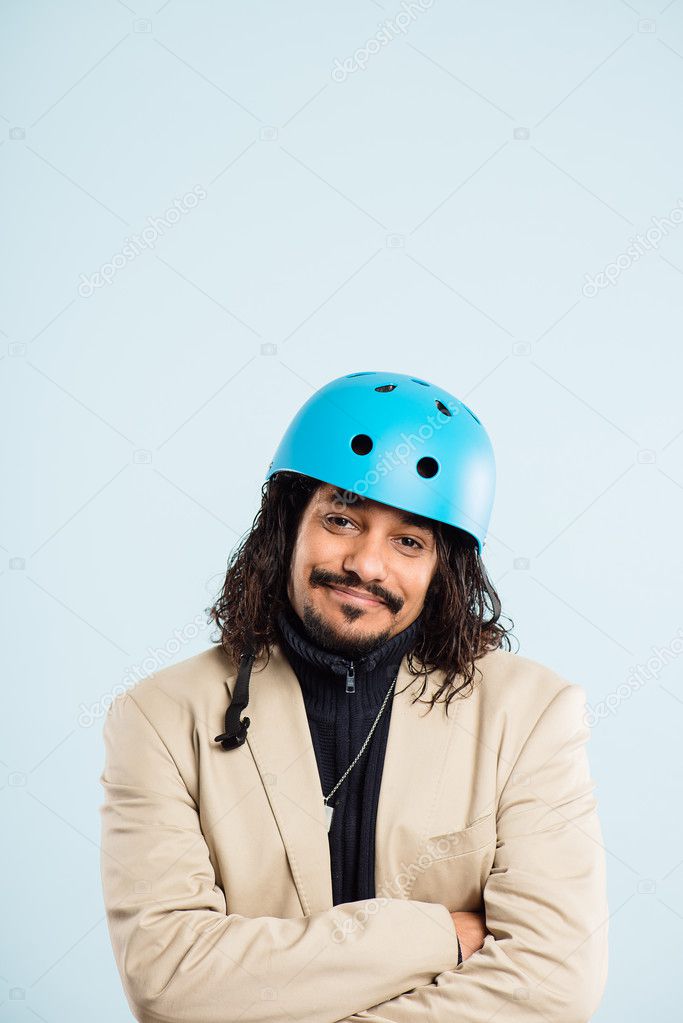 funny man wearing cycling helmet portrait real high defin