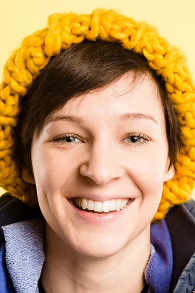 Happy woman portrait real high definition yellow backgrou — Stock Photo, Image