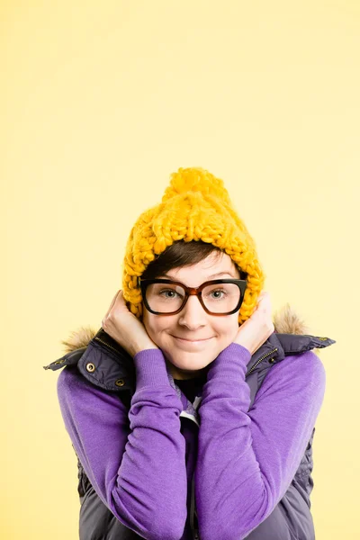 Funny woman portrait real high definition yellow backgrou — Stock Photo, Image