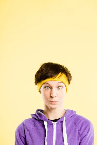 Funny woman portrait real high definition yellow backgrou — Stock Photo, Image