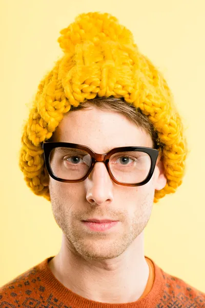 Funny man portrait real high definition yellow background — Stock Photo, Image