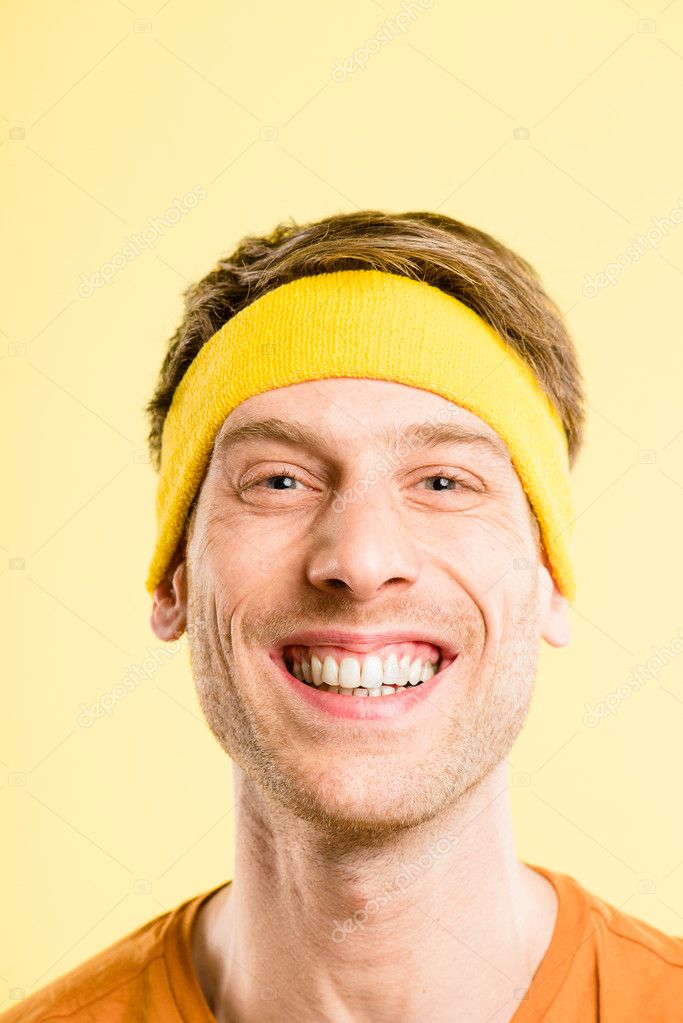 Funny man portrait real high definition yellow background Stock Photo
