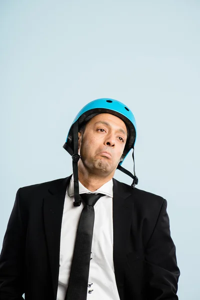 Funny man wearing cycling helmet portrait real high defin — Stock Photo, Image