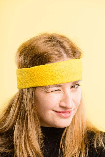 Funny woman portrait real high definition yellow backgrou — Stock Photo, Image