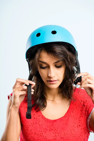 Funny woman wearing cycling helmet portrait real high def — Stock Photo, Image