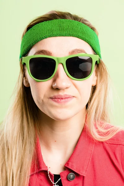 Funny woman portrait real high definition green backgroun — Stock Photo, Image