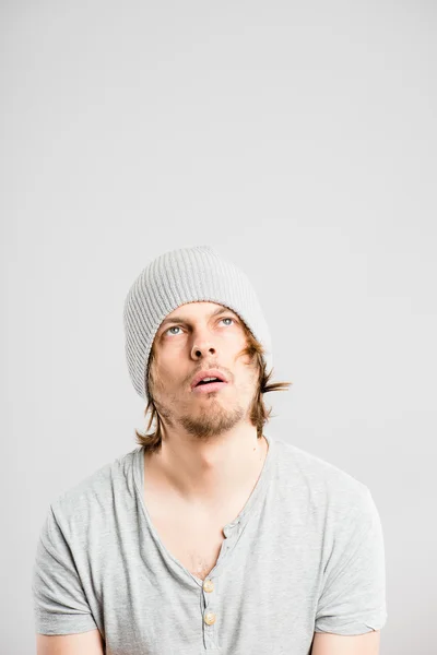Funny man portrait real high definition grey background — Stock Photo, Image