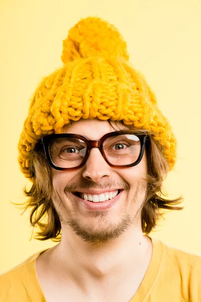 Funny man portrait real high definition yellow background — Stock Photo, Image