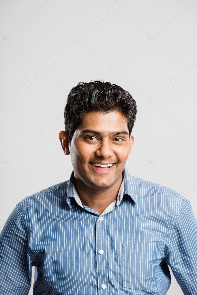 Happy man portrait real high definition grey background Stock Photo by