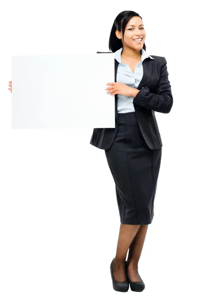 Happy mixed race business woman pointing at empty copy space iso — Stock Photo, Image