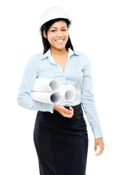 Happy mixed race business woman architect holding blue print iso — Stock Photo, Image