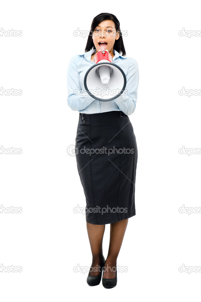Happy mixed race business woman holding megaphone isolated on wh