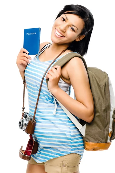 Happy tourist holding passport camera photographer woman — Stock Photo, Image