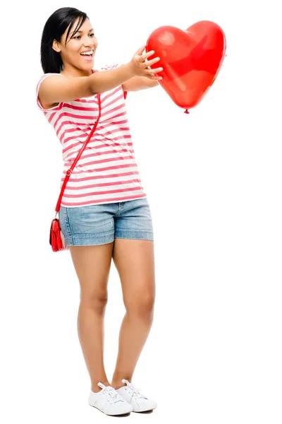 Happy woman red heart shaped balloon romance — Stock Photo, Image
