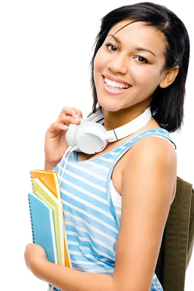 Happy mixed race student back to school isolated on white backgr — Stock Photo, Image