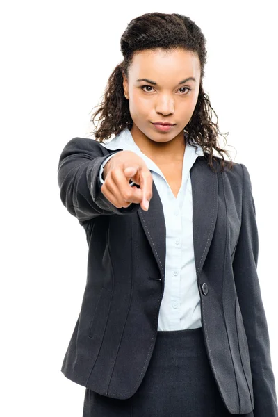 Attractive African American businesswoman pointing isolated on w — стокове фото