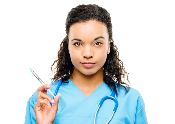 Amerikansk läkare håller injektion isolerad på vita bac — Stockfoto