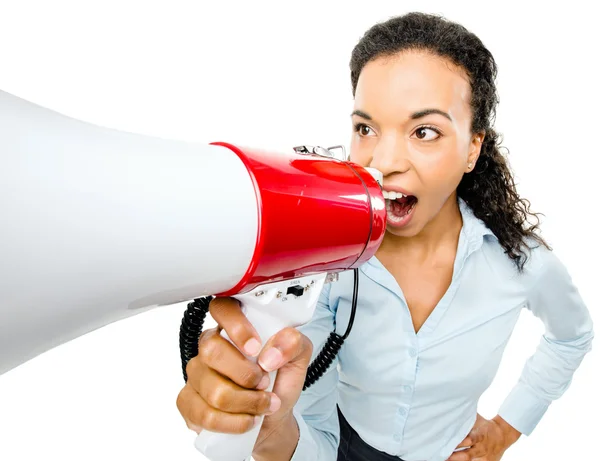 Hispanic zakenvrouw schreeuwen megafoon loudspeker wit — Stockfoto