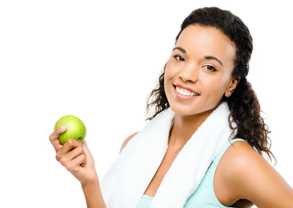 Yeşil elma izole w üzerinde tutan sağlıklı genç karışık ırk kadın — Stok fotoğraf