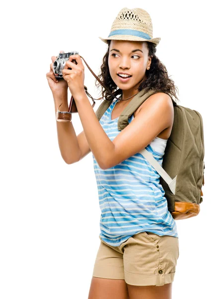 Happy African American woman tourist isolated on white backgroun — Stock Photo, Image