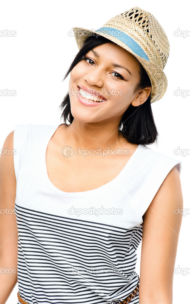 Beautiful mixed race woman smiling isolated on white background