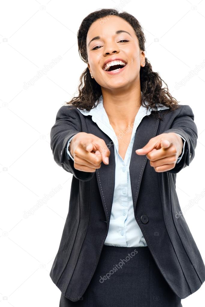 Attractive African American businesswoman pointing isolated on w