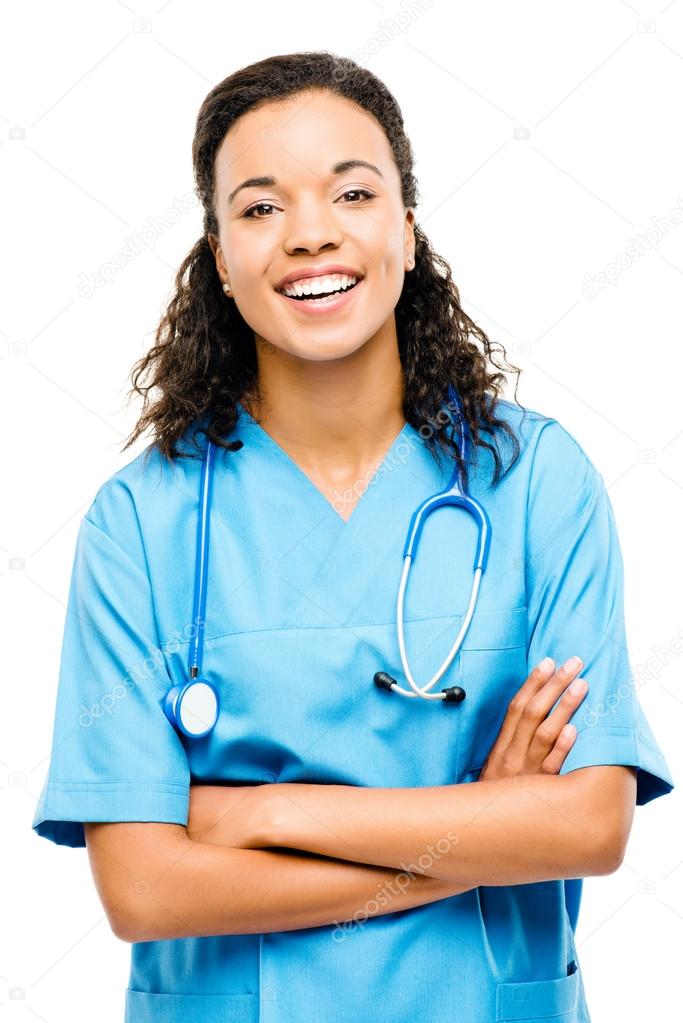 Happy mixed race nurse smiling arms folded isolated on white bac