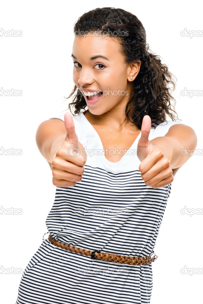 Beautiful mixed race Woman smiling thumbs up isolated on white b