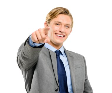 mutlu beyaz zemin üzerine işaret eden işadamı izole