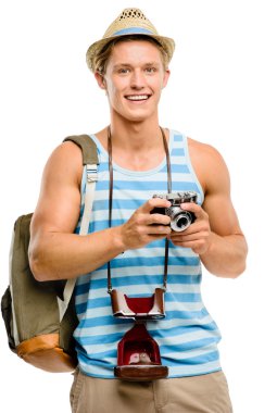 vintage fotoğraf makinesi üzerinde beyaz izole fotoğraflamak mutlu turist adam