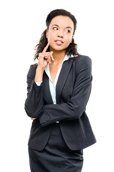 Joven mujer de negocios de raza mixta pensando aislado en blanco backgr — Foto de Stock