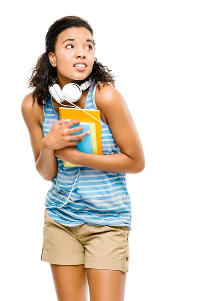 Scared mixed race woman student going back to school — Stock Photo, Image