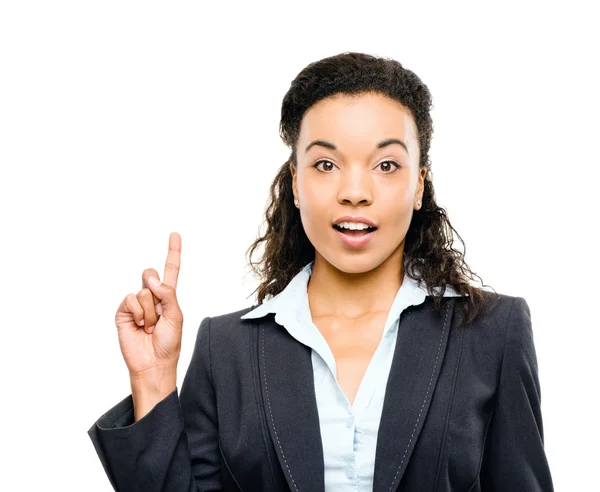 Mixed race businesswoman has idea isolated on white background — Stock Photo, Image