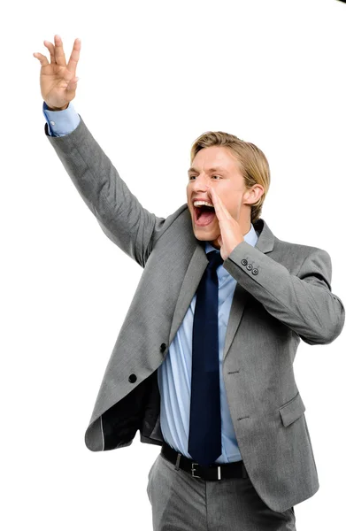 Happy businessman shouting isolated on white background — Stock Photo, Image