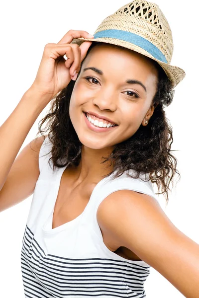 Mooi gemengd ras vrouw die lacht portret geïsoleerd — Stockfoto