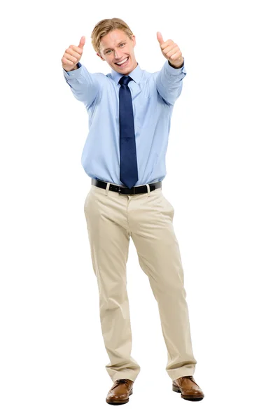 Empresário feliz comemorando o sucesso isolado no backgrou branco — Fotografia de Stock