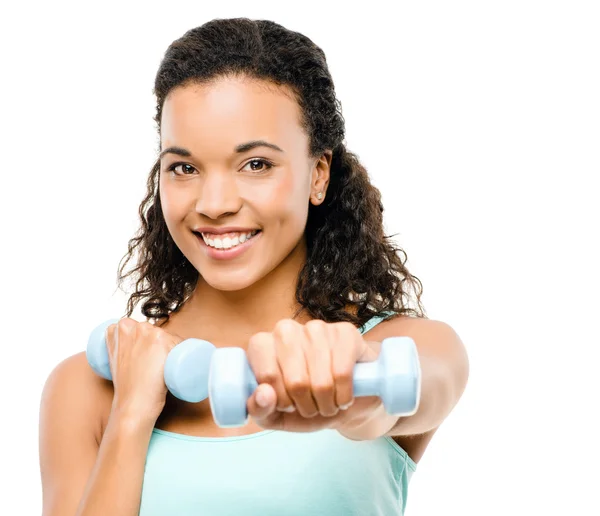 Healthy young mixed race woman exercising isolated on white back — Stock Photo, Image