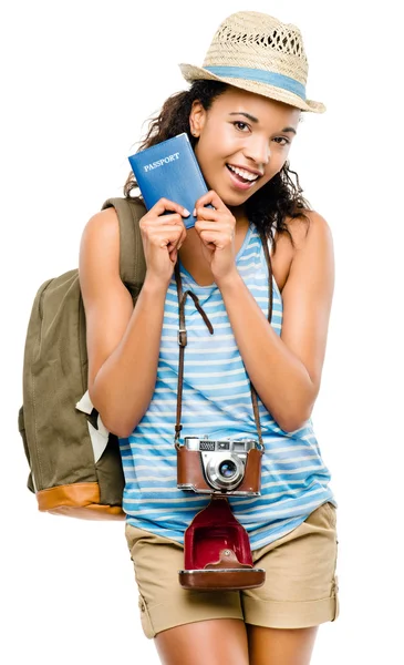 Happy African American woman tourist holding passport — Stock Photo, Image