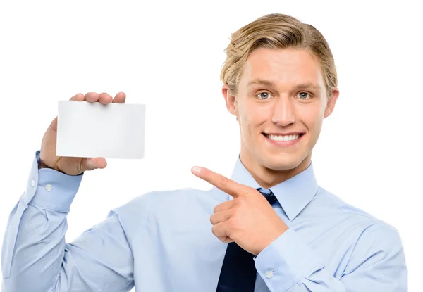 Confident young businessman holding placard isolated on white b — Stock Photo, Image