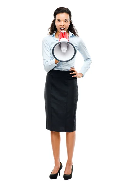 Hispanic businesswoman shouting megaphone loudspeker white — Stock Photo, Image