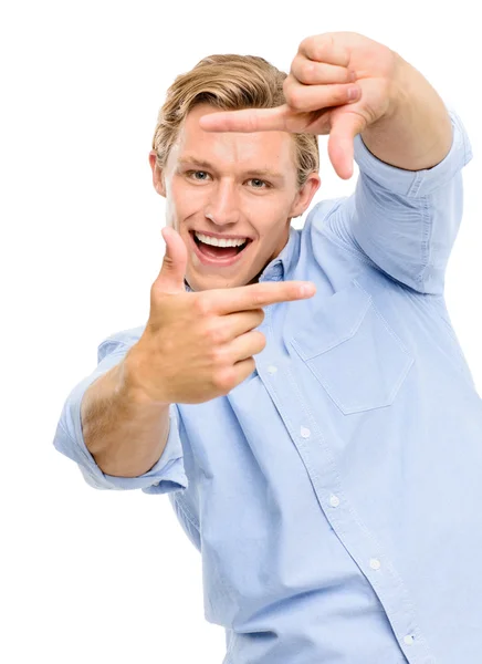 Feliz joven enmarcando fotografía usando dedos aislados en whi —  Fotos de Stock
