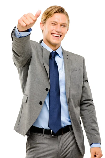 快乐的商人竖起大拇指上孤立的白色背景 — 图库照片