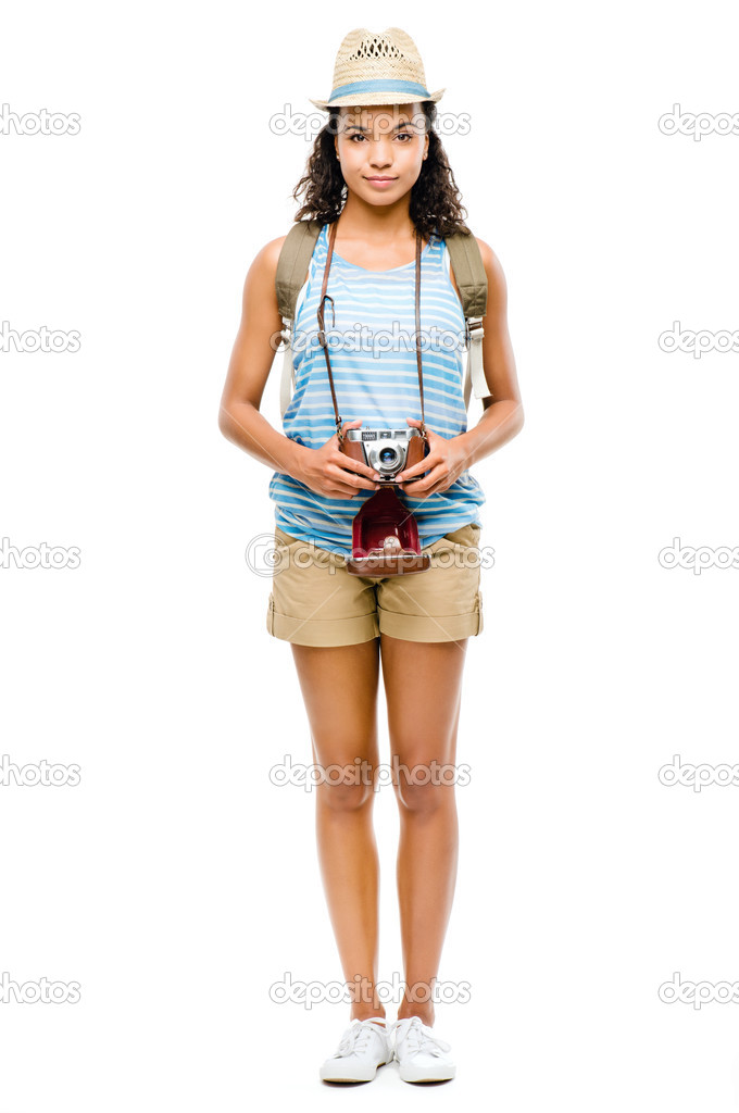 Happy African American woman tourist isolated on white backgrou